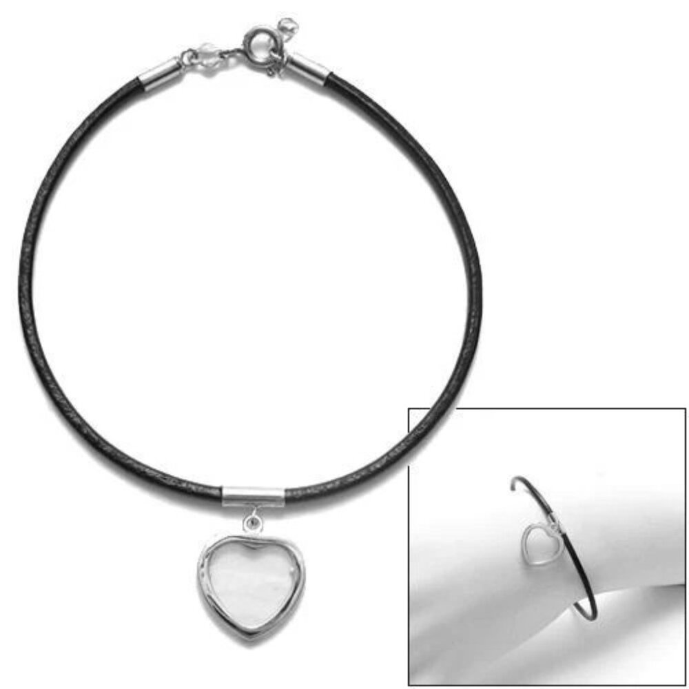 DANGLING STERLING SILVER HEART PICTURE CHARM LEATHER BRACELET - 7.5 INCH